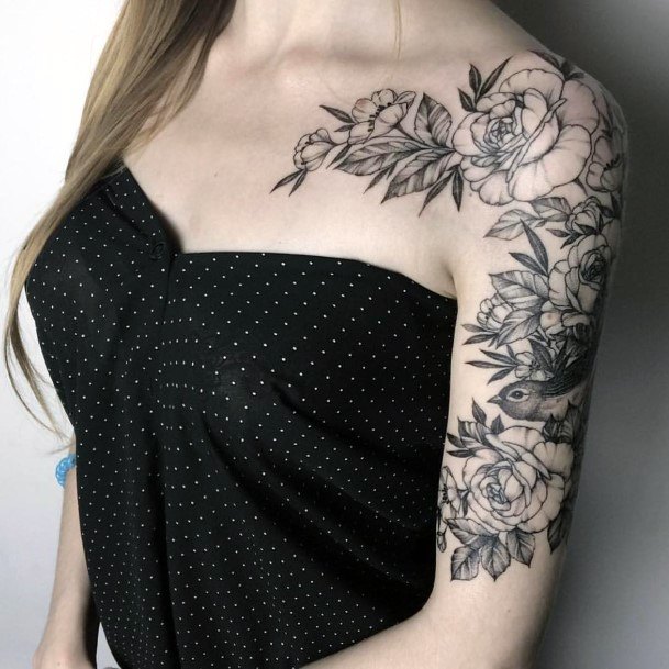 Grey Bird And Flowers Tattoo Women Half Sleeve