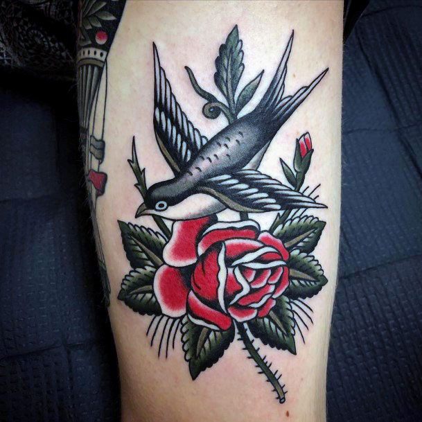 Grey Bird Rose Tattoo American Traditional Women