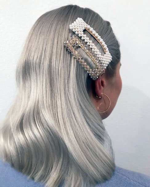 Grey Blonde Pearl Pinned Shiny Shoulder Length Womens Hairstyle Ideas