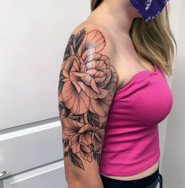 Grey Blooms Tattoo Womens Half Sleeve