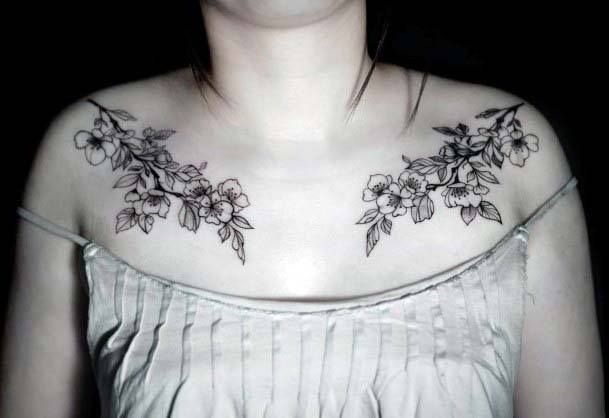 Grey Blossoms Womens Collarbone Tattoo