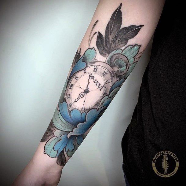 Grey Blue Flowers And Clock Tattoo Womens Arms
