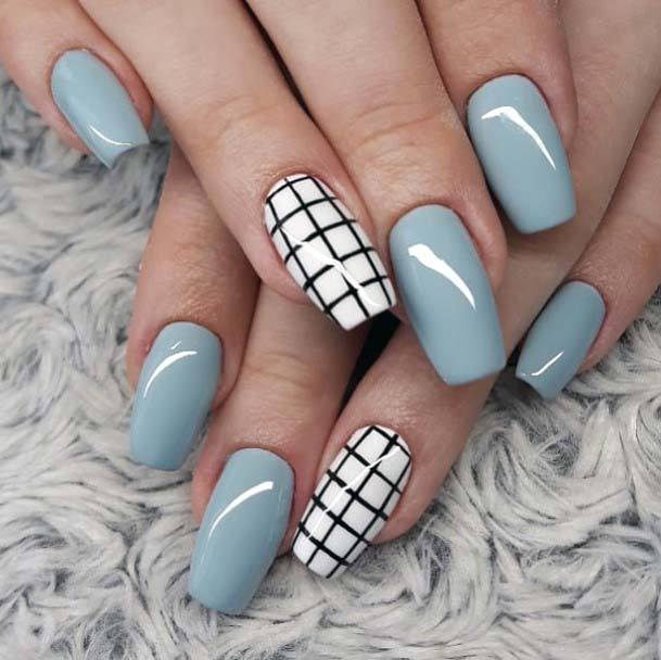 Grey Blue Polished Nails With Netted Pattern