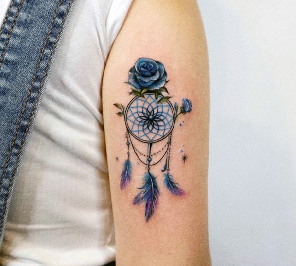 Grey Blue Rose And Dream Catcher Tattoo Womens Arms
