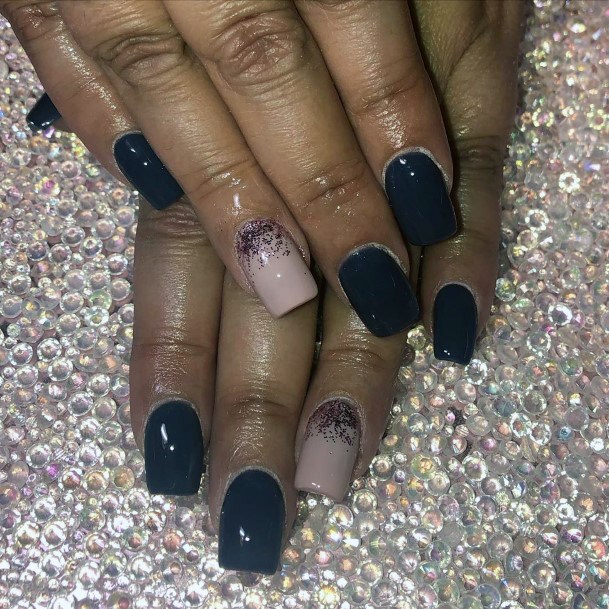 Grey Blue Squoval Nails With Silver Splutterings