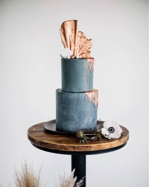 Grey Blue Wedding Cake With Rose Gold Toppers