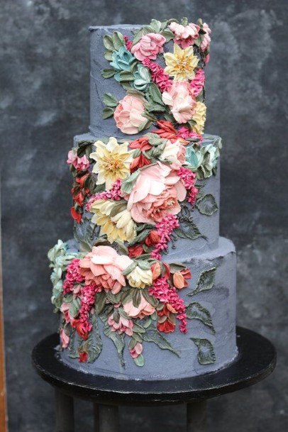 Grey Buttercream Wedding Cake With Flowers Garden