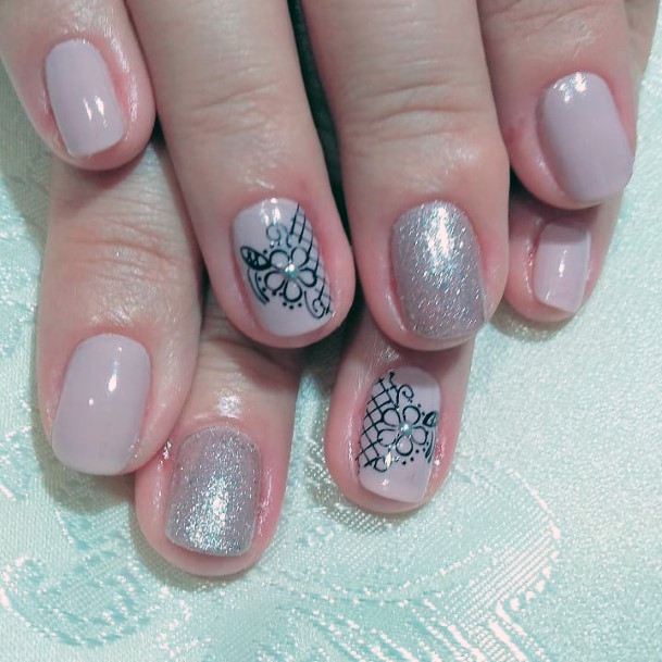 Grey Charming Floral Design With Stone On Nail Women