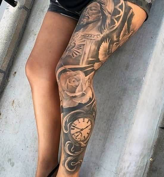 Grey Clock And Rose Tattoo Womens Leg