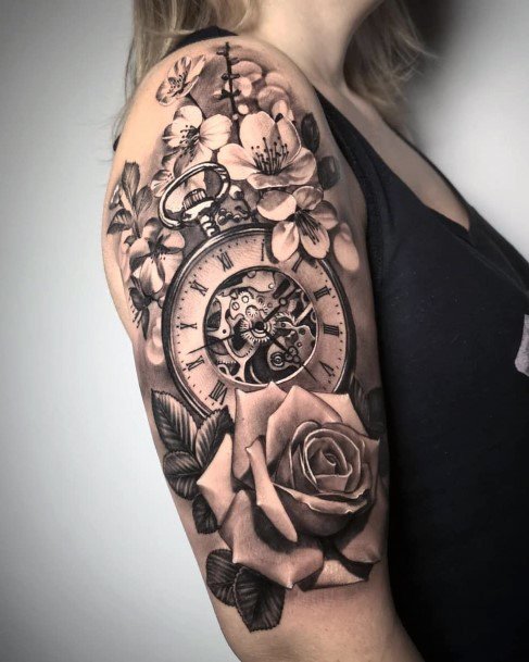 Grey Clocl And Rose Tattoo Womens Half Sleeve