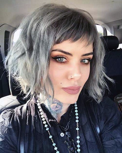 Grey Colored Short Hairstyles With Fringe For Women