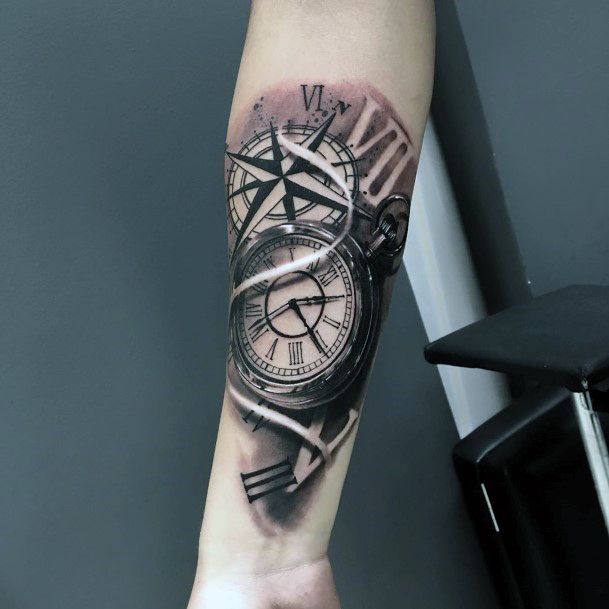 Grey Compass And Clock Tattoo Womens Arms