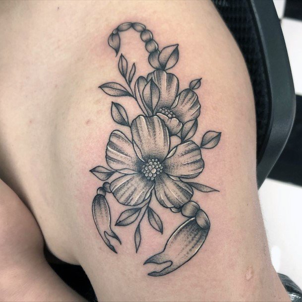 Grey Flower And Scorpion Tattoo For Women