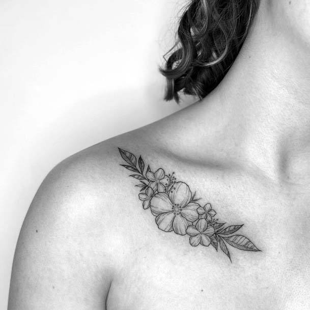 Grey Flower Tattoo Womens Collarbone