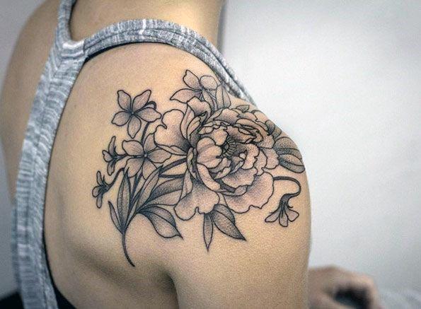 Grey Flower Tattoo Womens Shoulders