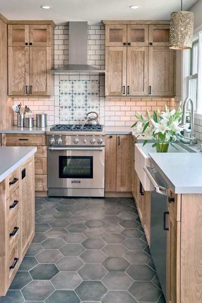 Grey Hexagon Pattern Home Kitchen Tile Floor Ideas