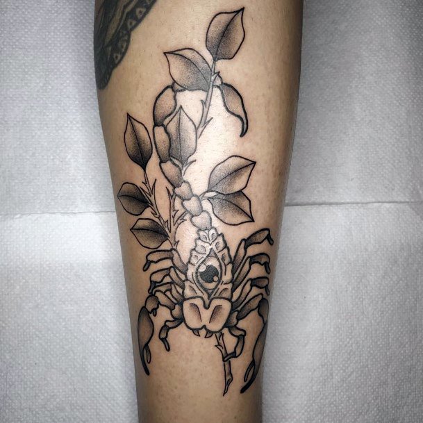 Grey Leaves And Scorpion Tattoo Women