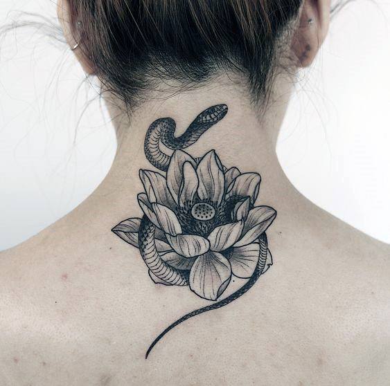 Grey Lotus And Snake Tattoo Womens Neck
