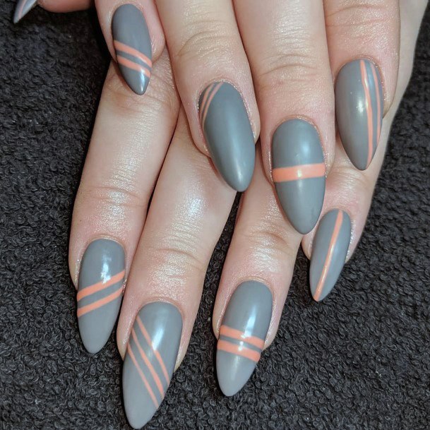 Grey Matte Nails With Orange Line Art Women