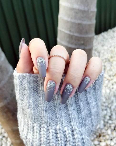 Grey Matte Nails With Silver Sparkles Women