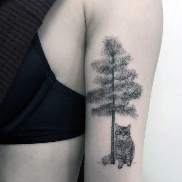 Grey Pine Tree Tattoo Women Arms