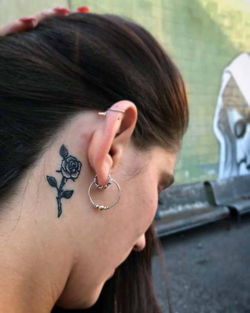 Grey Rose Tattoo Womens Behind The Ear