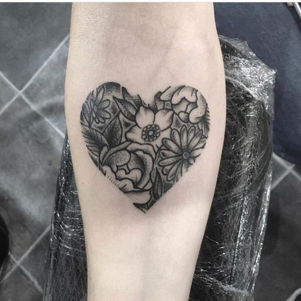 Grey Shaded Flowers In Heart Tattoo Womens Forearms