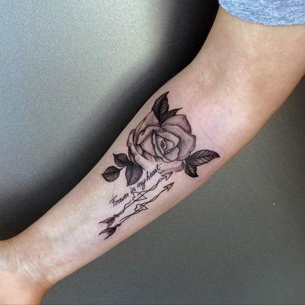 Grey Shaded Rose And Arrow Tattoo Hands