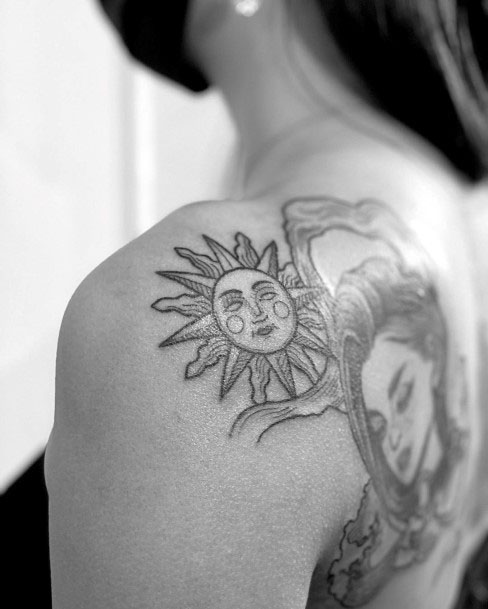 Grey Sun Tattoo Womens Back Art