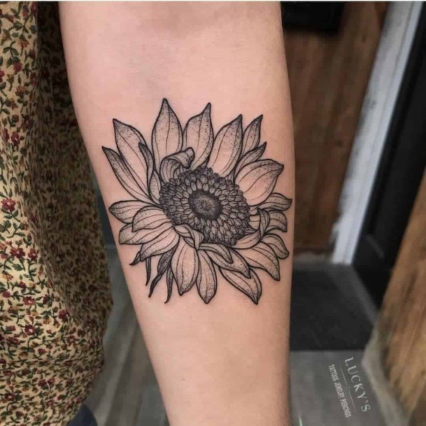 Grey Sunflower Tattoo Womens Forearms