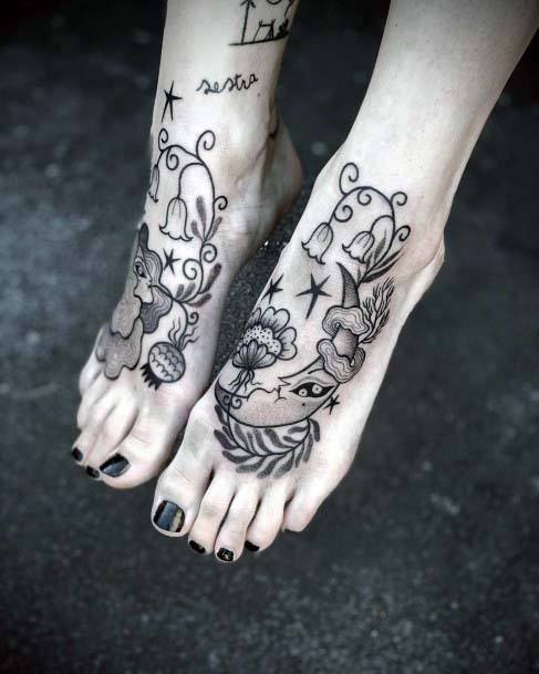 Grey Tattoo On Foot Women