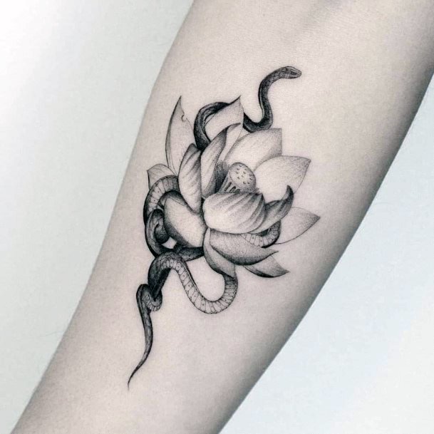 Grey Tattoo Snake On Lotus Womens Hands