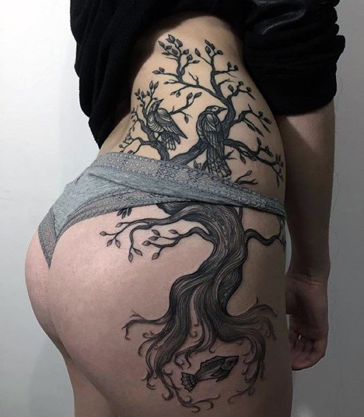 Grey Tree Tattoo Womens Thighs