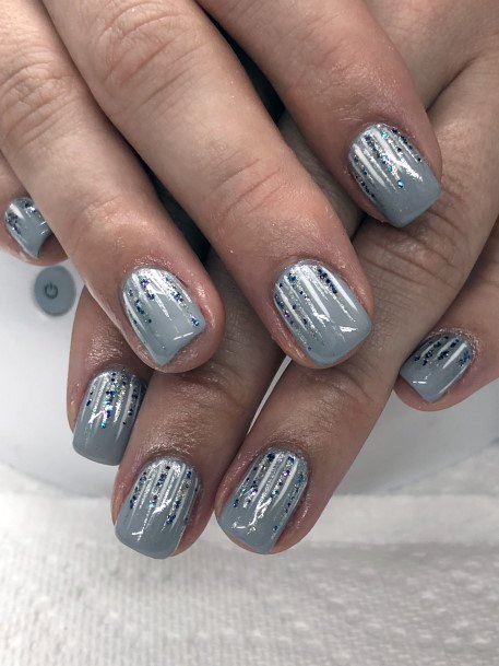 Grey With Blue Sparkles Snow Nails Women