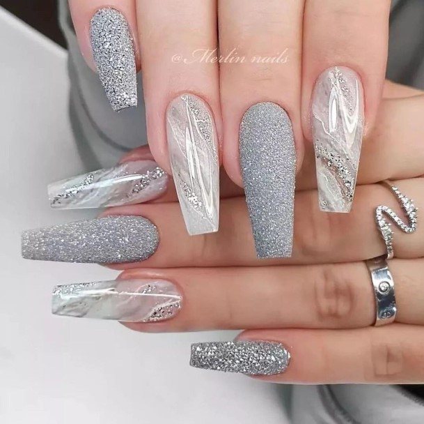 Grey With Glitter Womens Nails