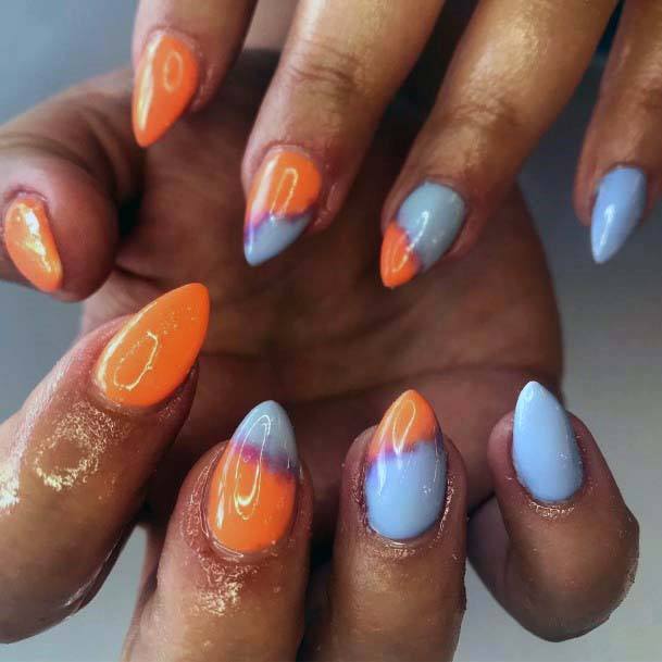 Greyish Blue And Orange Nails For Women