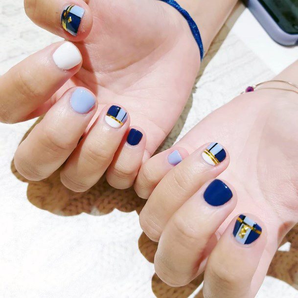 Greyish Blue White Lined Design With Metallic Bands Nails For Women