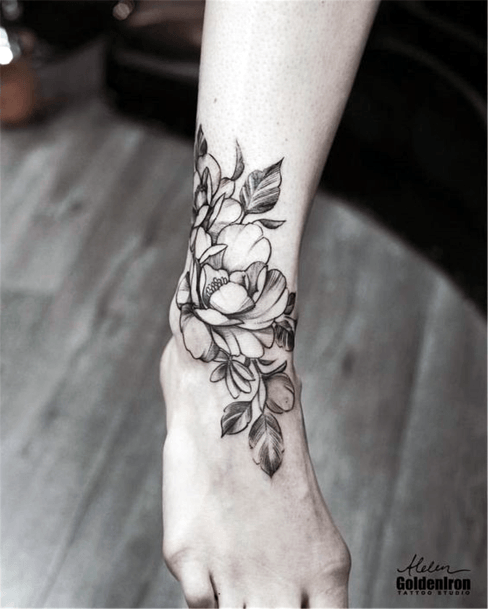 Greyish Flowers Tattoo Womens Ankle