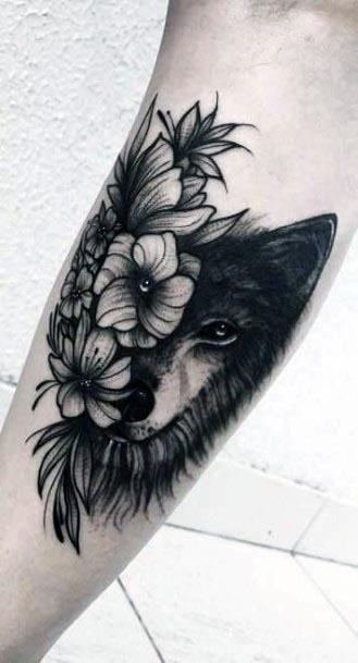 Grizzly Wolf And Flowers Tattoo Womens Forearms