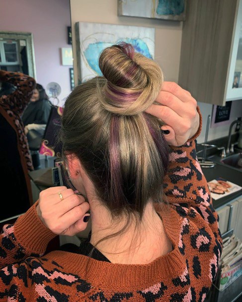 Hairstyles For Women Blonde And Streaks Of Purple In Top Knot