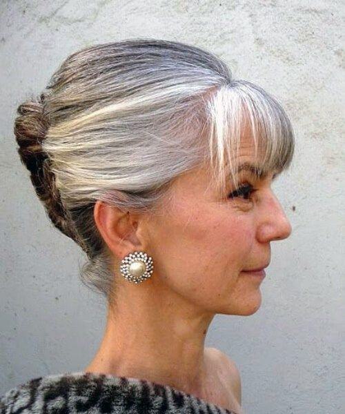 Hairstyles For Women Over 50 Natural Grey With Bangs French Twist