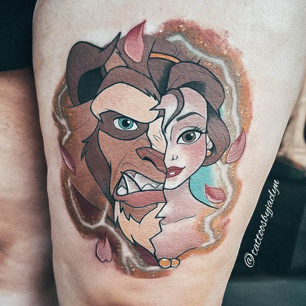 Half And Half Portrait Thigh Decorative Beauty And The Beast Tattoo On Female