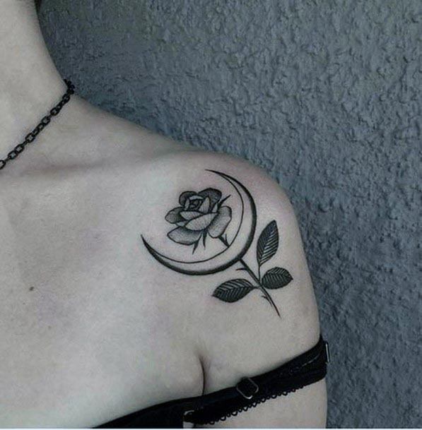 Half Moon And Rose Womens Shoulder Tattoo