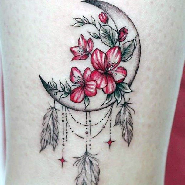 Half Moon With Florals Dream Catcher Tattoo Womens Legs