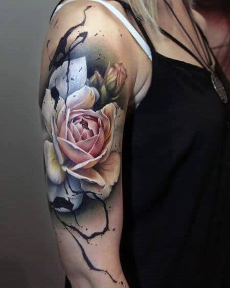 Half Sleeve Cream Rose Tattoo Women