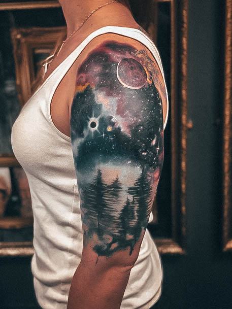 Half Sleeve Forest With Night Sky Womens Galaxy Tattoo Looks