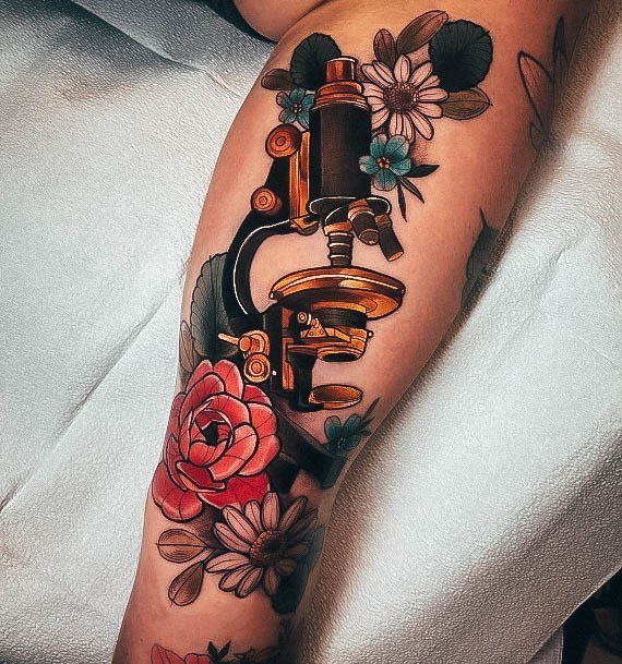 Half Sleeve Neo Traditional With Flowers Cool Female Microscope Tattoo Designs