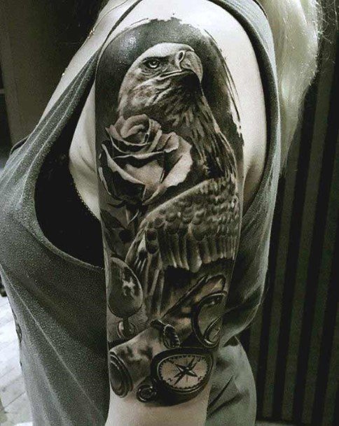 Half Sleeve Shaded Black And Grey Womens Eagle Tattoos