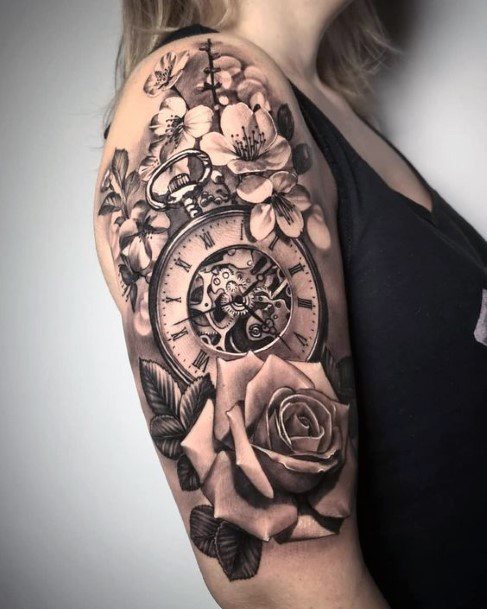 Half Sleeve Tattoo Rose And Clock