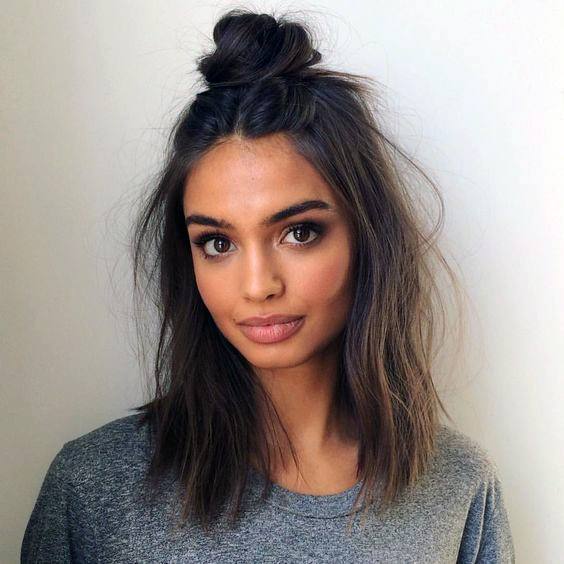 Half Up Top Knot On Shoulder Length Brunette Hair